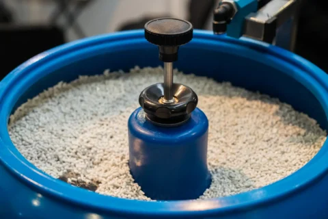 primo piano del macchinario per la burattatura, dalla forma tonda con al suo interno delle sfere di ceramica