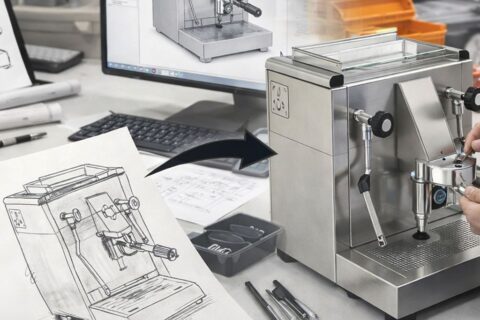 Scrivania con un pc sulla parte più distante, con un monitor che visualizza un progetto di una macchina per il caffè. in piano più ravvicinato la macchina per il caffè, appoggiata sulla scrivania anche il disegno stampato