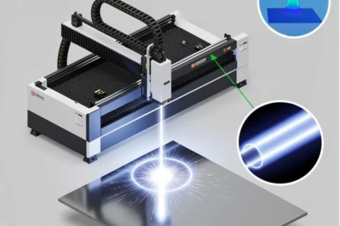 Macchina atta al taglio laser metallo, un raggio luminoso si va a infrangere su una lamiera di metallo